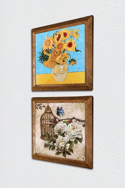 Pinecone Van Gogh Twelve Sunflowers Vase with Butterfly Floral Stone Wall Painting Framed Wall Decor -W2-298-