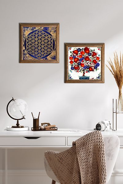 Pinecone Floarea vieții, pictură pe perete din piatră de pom de rodie, decor de perete cu rame din lemn, set de pictură din 2 piese -W2-163-