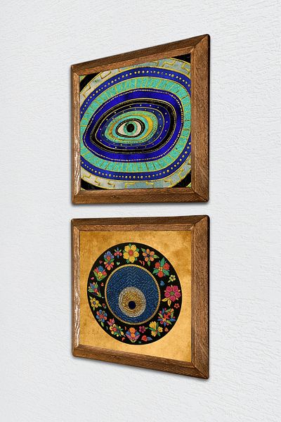 Pinecone Evil Eye Stone Wall Painting Wooden Framed Wall Decor 2 Piece Painting Set Wall Art -W2-407-