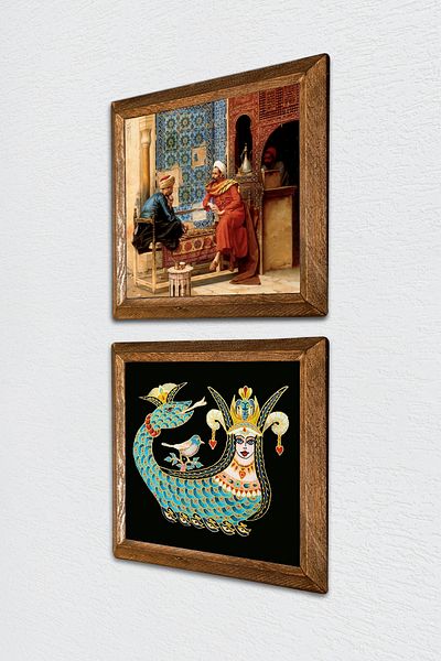 Pinecone Chess Game, Shahmeran Stone Wall Painting Wooden Framed Wall Decor 2 Piece Painting Set -W2-229-