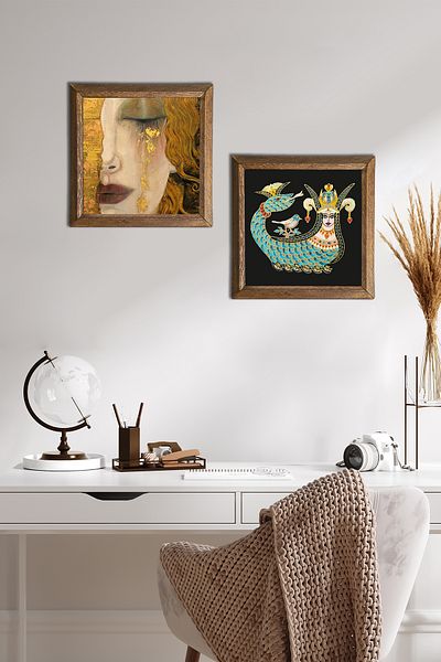 Pinecone Gustav Klimt Golden Tears, Shahmeran Stone Wall Painting with Wood Frame Wall Decor -W2-233-
