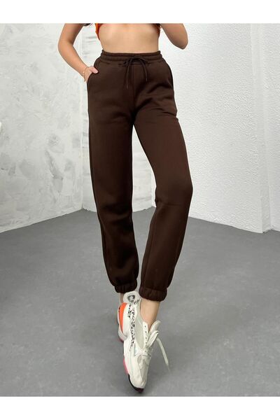 Ozy Fashion Γυναικείο σκούρο καφέ χειμερινό χοντρό εσωτερικό φλις ψηλόμεσο με ελαστικό πόδι Basic Jogger Sweatpants