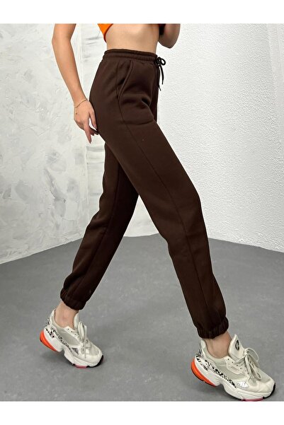 Ozy Fashion Γυναικείο σκούρο καφέ χειμερινό χοντρό εσωτερικό φλις ψηλόμεσο με ελαστικό πόδι Basic Jogger Sweatpants