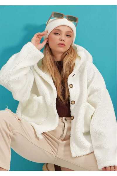 Azra Moda Style Palton de pluș din țesătură Welsoft cu buzunare cu detaliu cu...