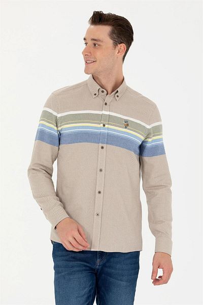 U.S. Polo Assn. Ανδρικό ελαφρύ χακί μακρυμάνικο πουκάμισο ELİFSU BUTİKHOME