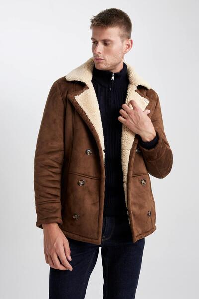 DeFacto Slim Fit Jacket Collar Plush Lining Suede Coat