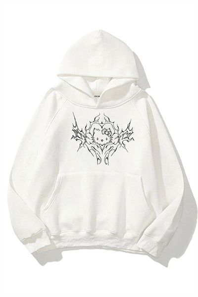 Gofeel Y2k Hooded Thick Fabric Sweet Cat 3 νήματα Λευκό Oversize Φούτερ
