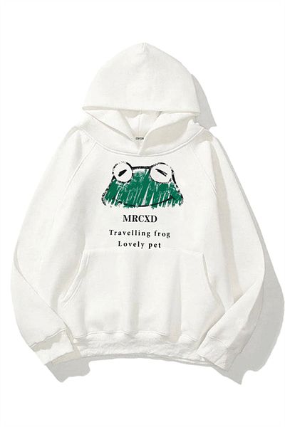 Gofeel Y2k Hooded Thick Fabric Travelling Frog 3 νήματα Λευκό Oversize Φούτερ
