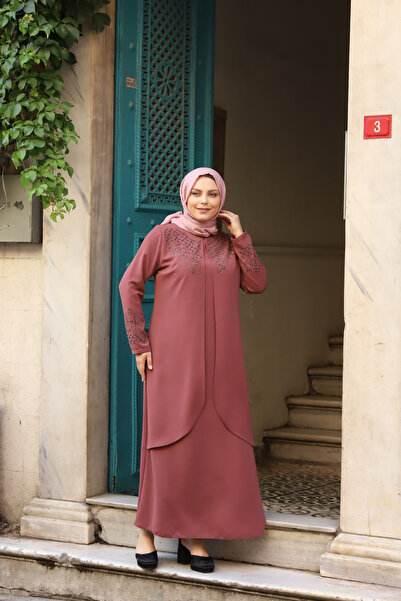 ECALAMODE Women's Stone Detailed Long Length Large Size Hijab Evening Dress S...