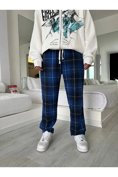 Gofeel Harajuku Street Tech Plaid Blue/Black Relax Loose Sweatpants HS