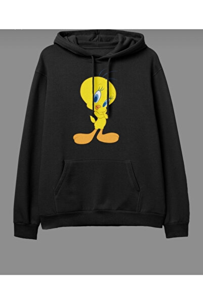 Josette Siyah Tweety Baskılı Oversize Sweatshirt Kapüşonlu Kışlık Şardonlu Kalın