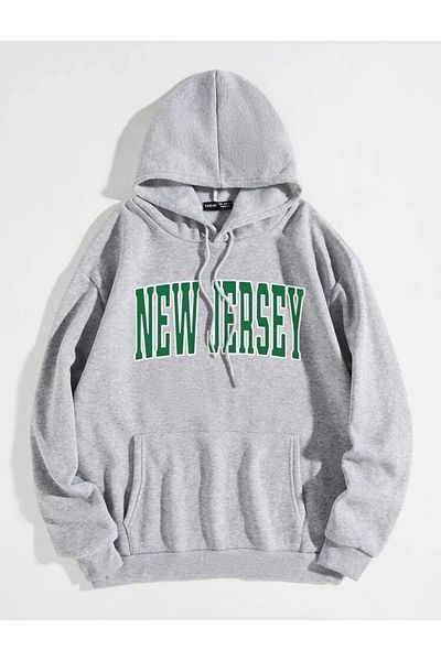 Josette Γκρι φούτερ με στάμπα New Jersey Oversize με κουκούλα Χειμερινό ράστερ χοντρό
