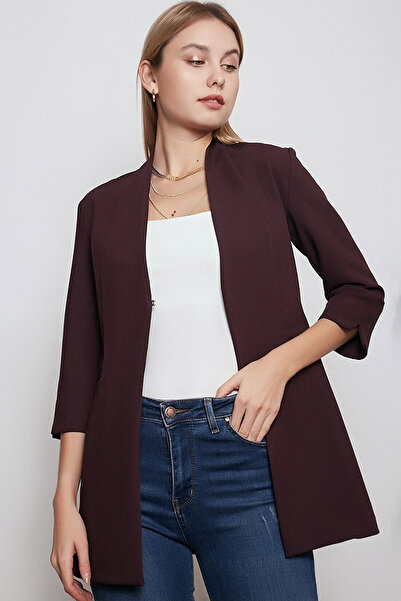 Naliru Kadın Ceket Yakasız Astarsız Kopçalı Cepli Yırtmaçlı Yarım Kol Uzun Bl...