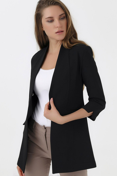 Naliru Kadın Ceket Yakasız Astarsız Kopçalı Cepli Yırtmaçlı Yarım Kol Uzun Bl...