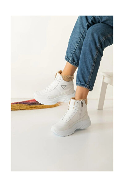 VELLICHOR Acropol Içi Yünlü Siyah Kürklü Kışlık Kadın Bot - Beyaz