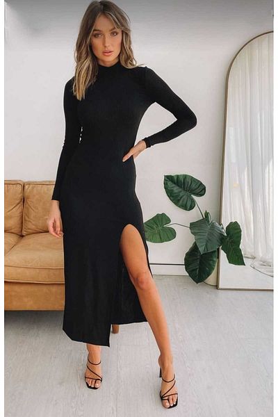 morche Rochie midi bodycon cu mânecă lungă, cu un picior, cu jumătate de gât rotic