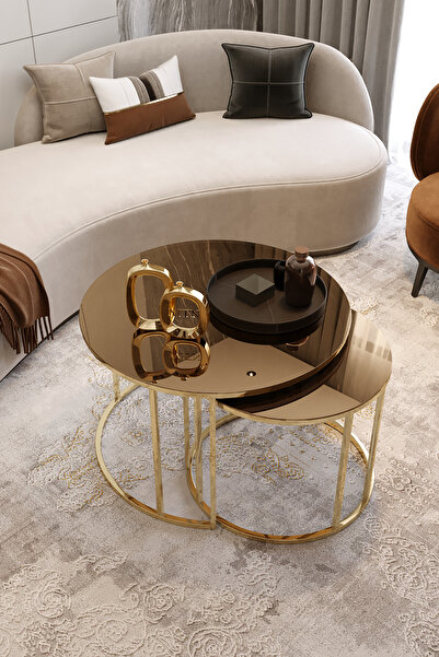 Nies Aksesuar Yavrulu Orta Sehpa Gold Ayak Bronz Ayna