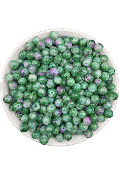 Hedef Bijuteri 50 جرام 8 مم أخضر منقوش - خرز لؤلؤ زجاجي ملون رخامي فوشيا، صنا...