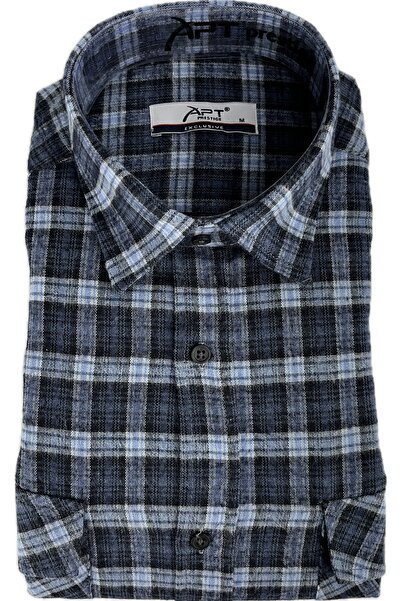 APT PRESTIGE Erkek Mavi Kareli Kışlık Melanj Kalın Normal Kalıp Çift cepli Gö...