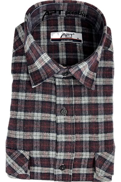 APT PRESTIGE Men's Burgundy Checked Winter Melange Thick Regular Fit Double Pocket Shirt