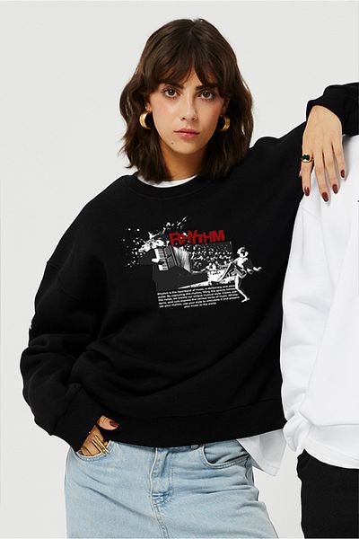 Eazy Co Hanorac gros unisex negru cu gât crew Eazy Rhytm