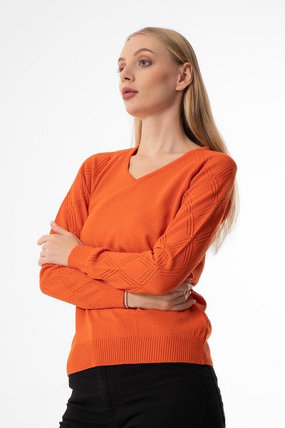 JOVENMADRE Pulover de damă portocaliu, cu decolteu în V, cu mâneci, cu model