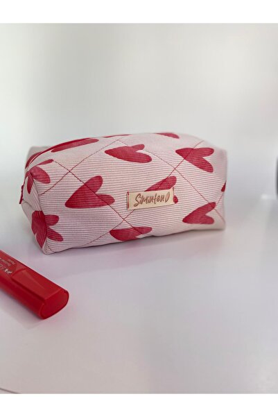 Siminten Büyük Boy Kalp Desenli İçi Astarlı Seyahat Bakım ve Makyaj Çantası