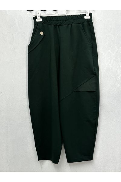 Puane Pantaloni Shalwar verde închis pentru femei, cu țesătură și nasturi, 18105