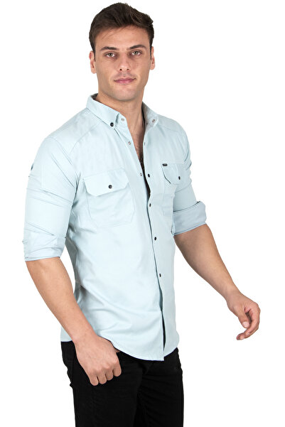 DeepSEA Men's Mint Green Lycra Thin Ribbed Snap Fastener Double Pocket Shirt 2300421