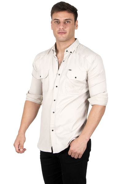 DeepSEA Ανδρικό πουκάμισο διπλής τσέπης σε μπεζ Lycra με λεπτό ραβδωτό κούμπωμα 2300421