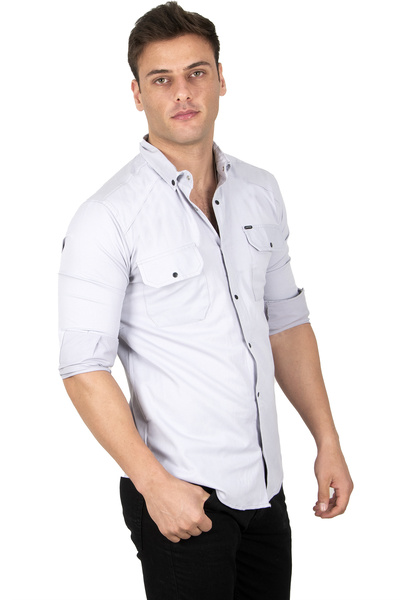 DeepSEA Чоловіча сіра сорочка з еластичною стрічкою, подвійними кишенями та застібкою на кнопках 2300421