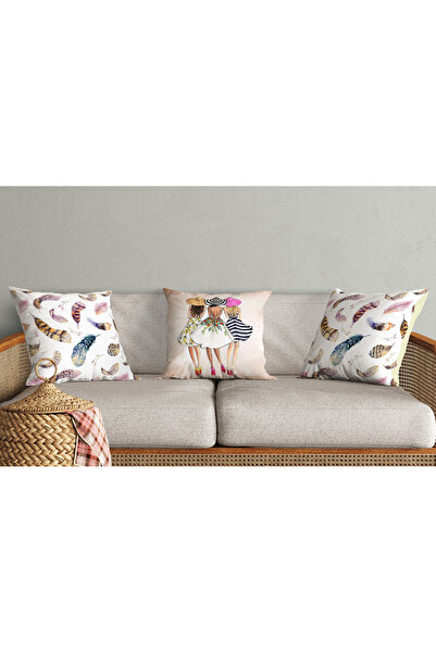 Cushion Cover , Feather Patterned Cushion , Suede Cushion , Women's Patterned Cushion , 43x43
