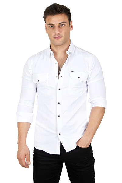 DeepSEA Ανδρικό πουκάμισο με διπλή τσέπη με λεπτό ριμπ λευκό Lycra 2300421