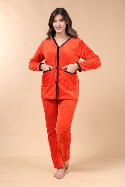 mervemoda Κοραλί μαλακό ύφασμα - Υψηλής ποιότητας γυναικείες πιτζάμες με μπροστινά κουμπιά και τσέπες