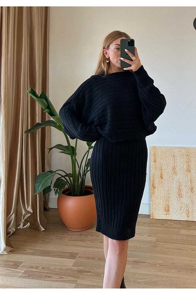 DünyaM MODA Set Tricot Dublu Negru - Rochie Femeie mânecă Lilieci