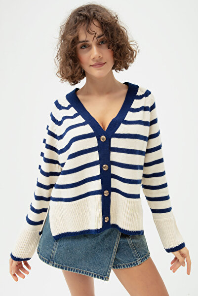 Lafaba Women's Navy Blue Gold Buttoned Striped Knitwear Cardigan