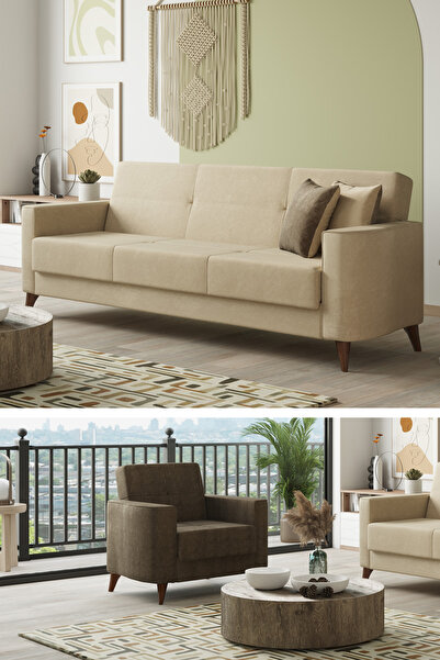 MOBETTO Star 3+1 Salon&oturma Odası Koltuk Takımı - Krem&Kahve