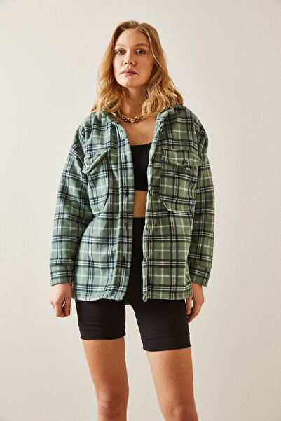 XHAN Zelená kostkovaná fleecová košile 4KXK2-47702-08