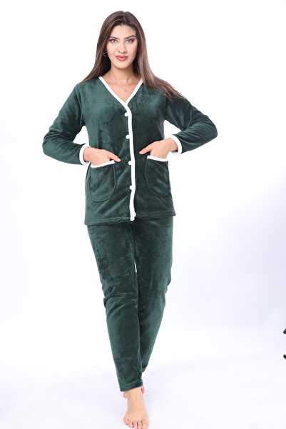 mervemoda Γυναικείο σετ πιτζάμες από μαλακό ύφασμα Emerald Green υψηλής ποιότητας μπροστά με τσέπες με κουμπιά