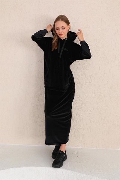 WestBound Rochie lungă pentru femei din catifea cu buzunar cangur cu imprimeu cu piatră neagră| Rochie Sport lunga Hijab| Rochie casual