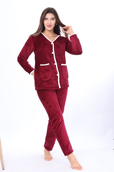 mervemoda Γυναικείο μπορντό μαλακό ύφασμα υψηλής ποιότητας σετ πιτζάμες με κουμπιά μπροστά