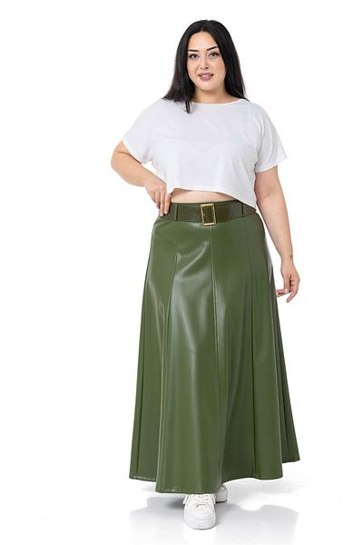DISENTIS MODEST Nagy méretű hosszú khaki bőrszoknya övvel