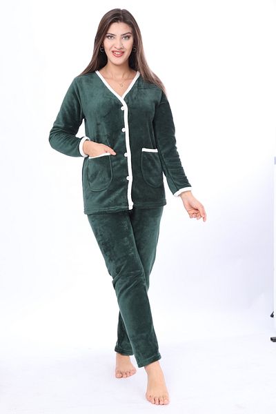 mervemoda Γυναικείο σετ πιτζάμες από μαλακό ύφασμα Emerald Green υψηλής ποιότητας μπροστά με τσέπες με κουμπιά