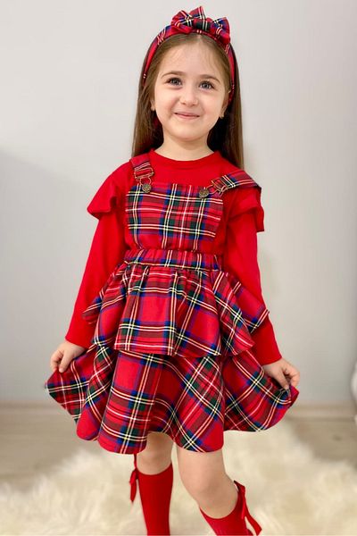 ELAFOR Plaid Gabardine Salopet Badi And Bandana Girl's Red April 23 Dress (BUY 1 YEAR OLD)