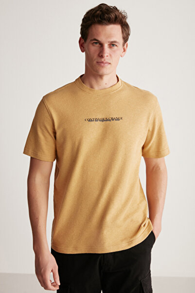 GRIMELANGE Ανδρικό μπλουζάκι Frankıe Special Suilt με υφή χοντρό ύφασμα με στάμπα 100% βαμβακερό μπεζ μπλουζάκι