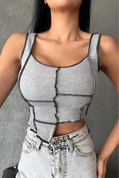 World Fashion Trends wft1497 Αμάνικη μπλούζα με ραβδώσεις γκρι Crop