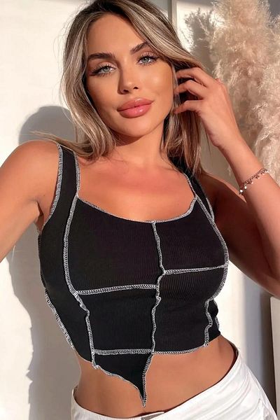 World Fashion Trends wft1497 Μαύρη αμάνικη ριμπ μπλούζα