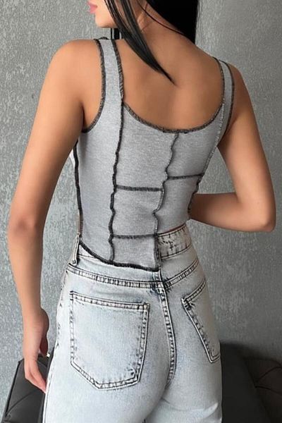 World Fashion Trends wft1497 Αμάνικη μπλούζα με ραβδώσεις γκρι Crop