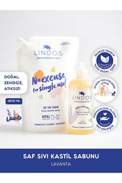 Lindos Doğal Kastil Sıvı Sabun El Vücut Zeytinyağlı Nemlendirici Aromaterapik Lavanta Yağlı (1200 600 ML)