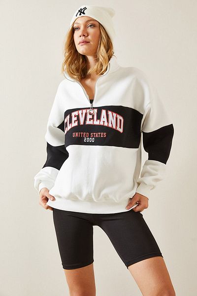 XHAN White Zipper Detailed Printed Sweatshirt 4KXK8-47703-01